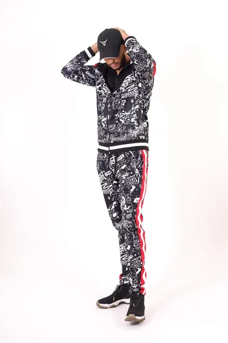 Vista 3 de SCREENSHOT Chaqueta deportiva urbana de hip hop prémium para hombre, con cinta lateral, ropa deportiva urbana y ropa de calle