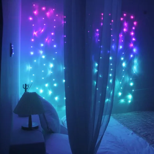 Vista 3 de Luces de cortina rosa, azul, morado, luces de hadas para dormitorio, colgantes para pared para niñas adolescentes, decoración temática de unicornio