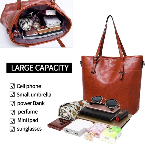 Vista 5 de Bolso y bolso vintage para mujer, bolso de hombro de cuero, bolso grande con asa superior, juego de 4 piezas, Azul oscuro