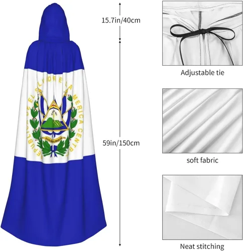 Vista 5 de Capa de bata con capucha para adultos para fiestas de Halloween, Navidad, bandera de El Salvador, disfraz de vampiro con sombrero negro, Negro