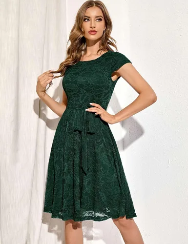 Vista 4 de MUADRESS - Vestido de encaje y floral con manga casquillo para mujer, elegante, con cuello redondo y longitud hasta la rodilla, vestidos de dama