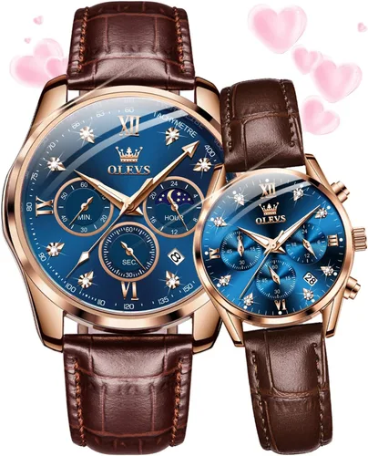 Vista 21 de OLEVS Juego de 2 relojes de cuarzo para parejas de San Valentín, para él y ella, cronógrafo de cuero, con diamantes para hombres, mujeres, amantes