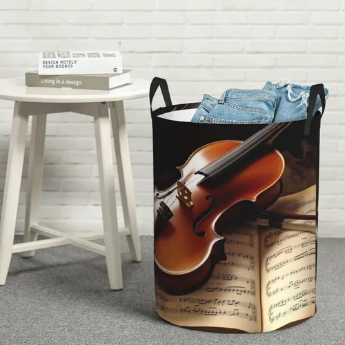 Vista 8 de Cesta circular con estampado de violín y libro, impermeable, cesta organizadora de lavandería, con asas, para ropa, juguetes, pequeña