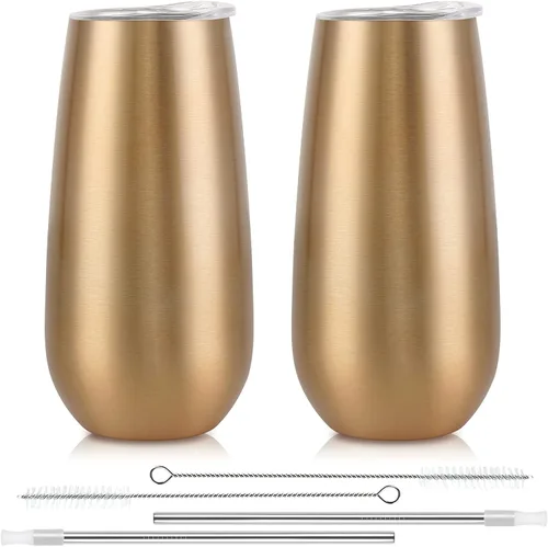 Vista 10 de Paquete de 2 vasos de champán sin tallo, vaso de flauta aislado de 6 onzas, vasos irrompibles de doble aislamiento para amigos, cumpleaños, Navidad