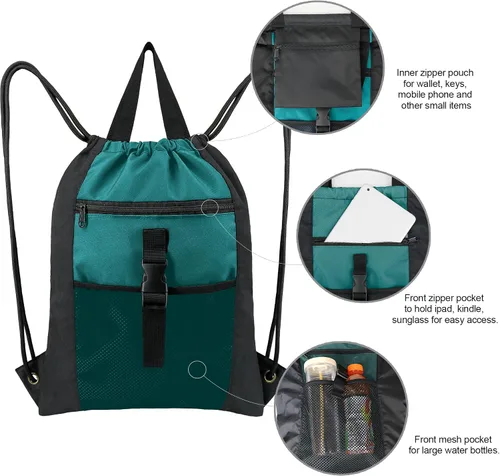 Vista 3 de BeeGreen Mochila con cordón y hebilla, Negro, verde azulado.