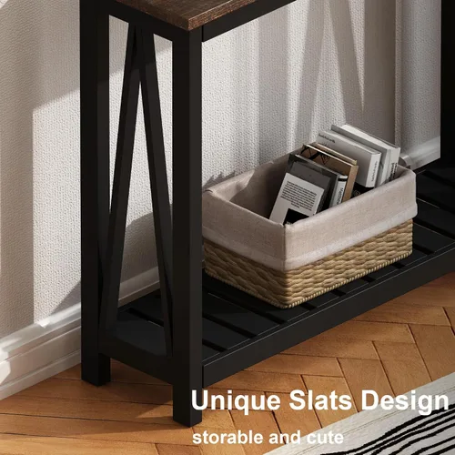 Vista 5 de ChooChoo Mesa de Consola para Entrada, Mesas de Sofá para Sala de Estar Estilo Granja, Mesa Estrecha para Pasillo y Vestíbulo con Estante, Negro
