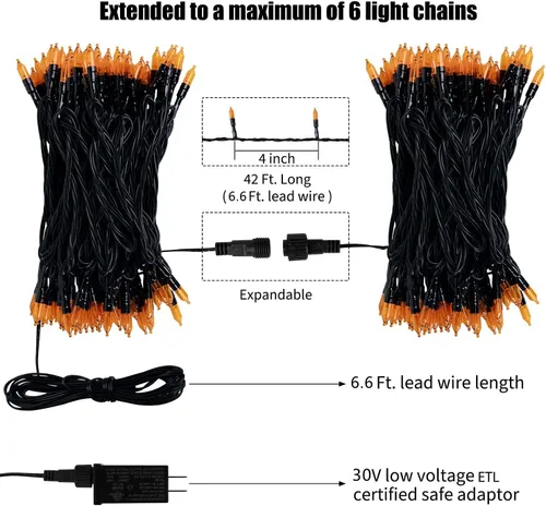 Vista 4 de Minetom Guirnalda de luces de Halloween para exteriores, 39 pies, 100 luces LED impermeables de Navidad con 8 modos de iluminación para Halloween