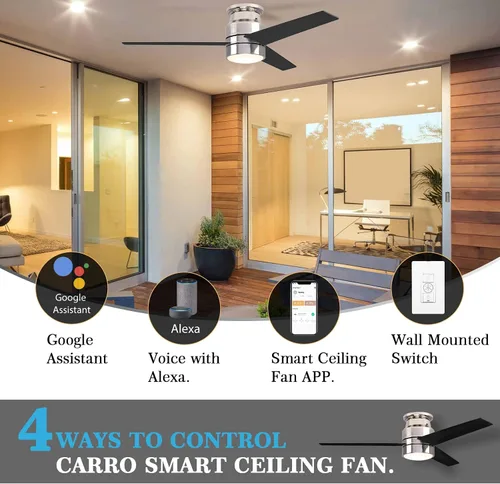 Vista 6 de Ventilador de techo plateado de perfil bajo de 3 aspas de 52 pulgadas con control de aplicación LED, control Alexa/Google Assistant Necesita