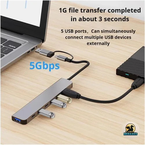 Vista 3 de MERAXES Hub USB-C y USB 7 en 1, adaptador multipuerto de aluminio con puertos USB-C, USB 3.0 y USB 2.0, estación de acoplamiento múltiple USB