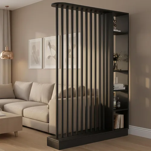 Vista 11 de Divisor de habitación de pared, estante divisor de madera independiente con estantes, pantalla separadora de pantalla divisora con almacenamiento