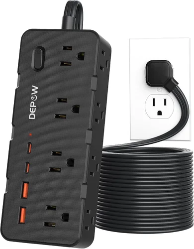 Vista 10 de DEPOW Regleta de alimentación negra de 2 puntas, adaptador de salida de 2 a 3 clavijas con 8 puertos de CA y 4 puertos USB (2 USB C), cable