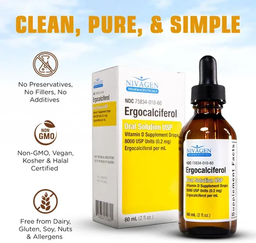 Vista 6 de Nivagen Gotas líquidas de vitamina D2 de 8,000 USP (ergocalciferol) 400 UI por porción 2 gotas una vez al día 1,200 porciones, 2.0 fl oz