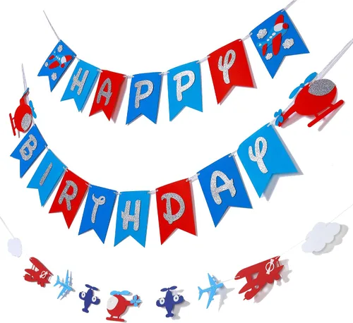 Vista 5 de Cartel de cumpleaños de avión y decoración de guirnalda para aviador, aviación, fiesta temática de cumpleaños, pancarta de fieltro con purpurina