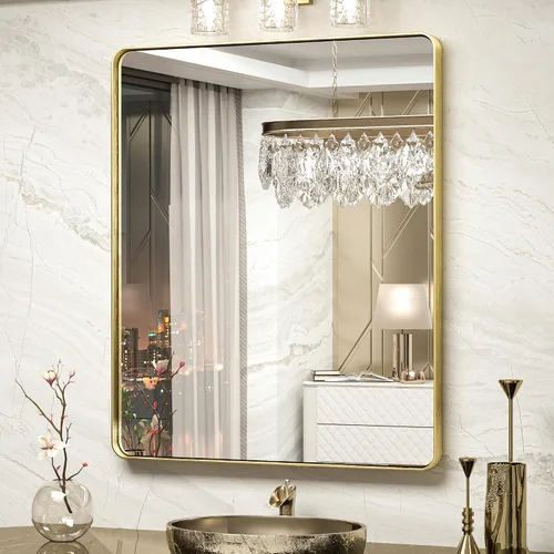 Vista 22 de TokeShimi Espejo de pared de baño de níquel cepillado de 20 x 30 pulgadas, marco de metal, esquina redonda, rectangular, para decoración del hogar