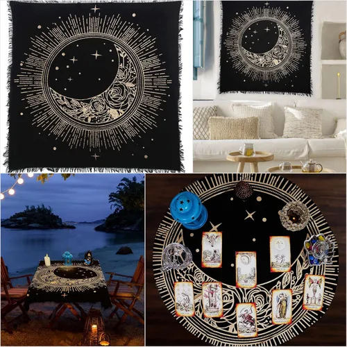 Vista 2 de Indian Consigners Tela de altar Sol Luna Estrella Brujería Alter Tarot Spread Top Cloth Wiccan Square Spiritual Sacred (Golden Sun Moon Star)