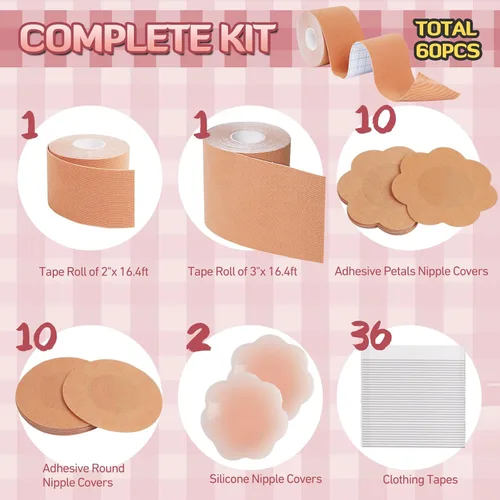 Vista 2 de Cinta adhesiva para pechos, cinta adhesiva para levantamiento de senos, kit de 60 cintas de mama con 2 rollos de cinta de levantamiento de senos