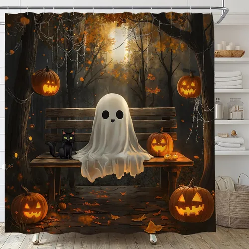 Vista 4 de Cortina de ducha de fantasma de Halloween, espeluznante gato negro, telaraña, bosque de otoño, tela de noche aterradora, decoración de baño, cortina