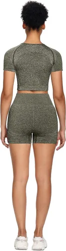 Vista 5 de Sytiz Conjunto de 2 piezas de yoga sin costuras para mujer, pantalones cortos de gimnasio y camiseta corta de manga corta