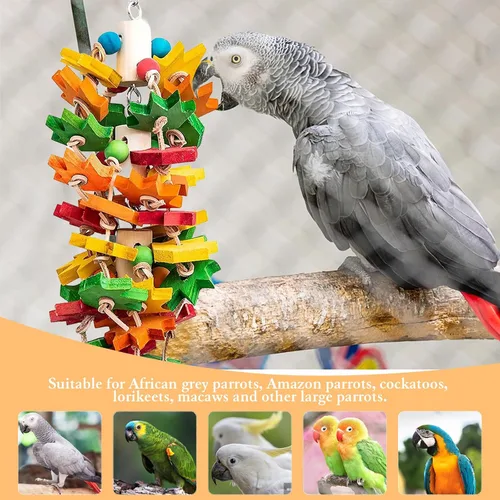 Vista 5 de Juguete masticable para pájaros grandes y pequeños, bloque de madera natural con diseño de hoja de arce multicolor, recorte de pico para cacatúas