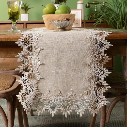 Vista 6 de ARTABLE Tapete de Mesa Redondo de Encaje Gris de Lino, Camino de Mesa, Mantel Individual Pequeño para Mesa de Café, Estilo Rústico de Granja