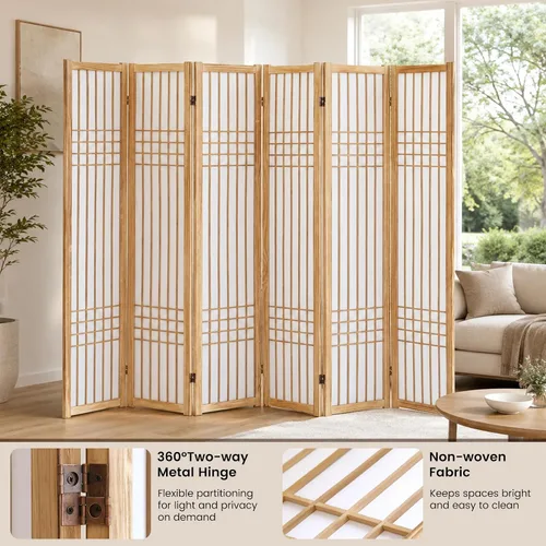 Vista 2 de 6 Panel Room Divider, 66.9" Tall Folding Privacy Screen, Natural 6 Panel Natural