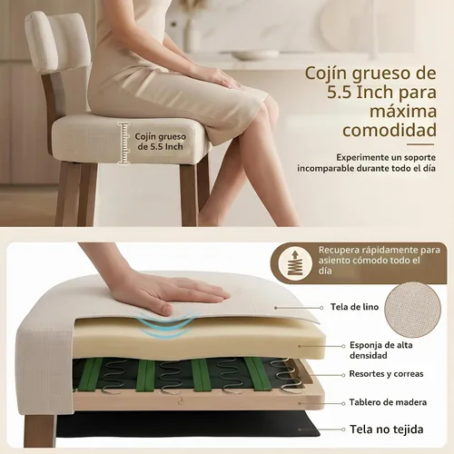 Vista 5 de Juego de 2 taburetes de bar de granja de 26 pulgadas, taburetes de bar tapizados de lino con respaldo, taburetes de bar modernos de madera con marco