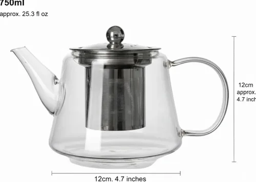 Vista 4 de Tetera de vidrio de borosilicato de 25 onzas (25.4 fl oz) con infusor de acero inoxidable extraíble con caja de regalo, tetera transparente