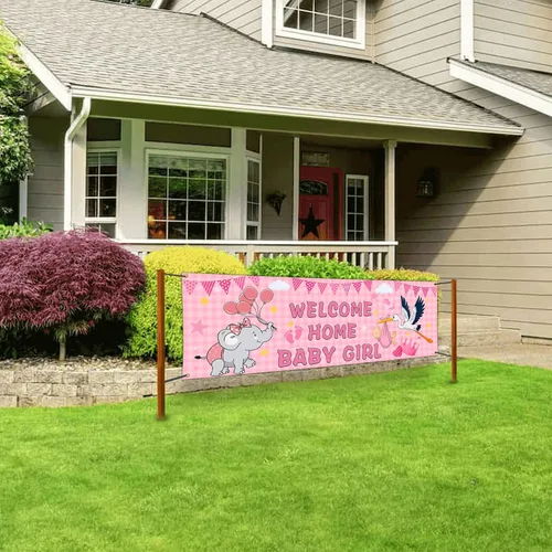 Vista 6 de Banderas de bienvenida a casa para bebé niña para exterior, 24 x 72 pulgadas, doble cara, bandera de "It's a Girl", bandera de pared de baby shower