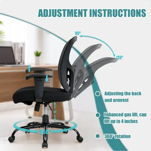 Vista 7 de Silla de oficina grande y alta para personas pesadas, silla de escritorio de computadora de 400 libras, asiento extra ancho, brazos ajustables Negro