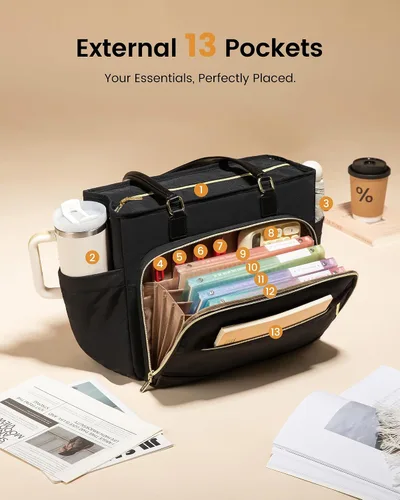 Vista 7 de LOVEVOOK Bolsa de mano para profesores, bolsa para laptop para mujer con portavasos grande y área de archivo de acordeón, bolsa de trabajo