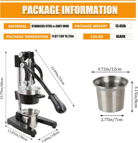 Vista 2 de Exprimidor manual de cítricos de hierro fundido, exprimidor de limón naranja resistente, prensa comercial de cítricos extragrande, fácil de limpiar