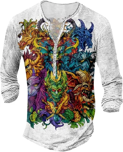 Vista 21 de MARSVOVO Camisetas gráficas para hombre, camisetas Henley con estampado de moda, holgadas, casuales, ligeras, para entrenamiento, suaves, vintage