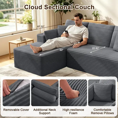Vista 4 de Sofá de nube deshuesado de 103 pulgadas, moderno sofá modular en forma de L con diván orientado hacia la izquierda, sofá de asiento profundo