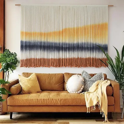 Vista 13 de macramé para colgar en la pared, teñido de inmersión, puesta de sol, decoración de pared, arte de fibra de 57 pulgadas de ancho x 35