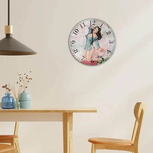Vista 4 de Pin Up - Reloj de madera para niñas, silencioso, funciona con pilas, 12 pulgadas, estilo retro, de madera, con números arábigos, para el hogar