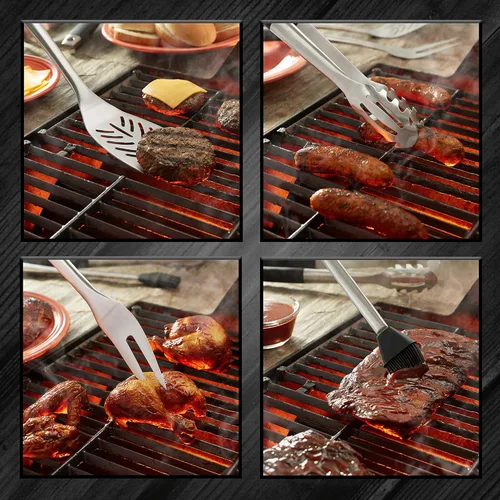 Vista 7 de Pure Grill Juego de utensilios de barbacoa de acero inoxidable de 4 piezas, accesorios de barbacoa de grado profesional