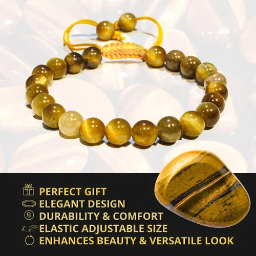 Vista 254 de Adjustable Crystal Bracelet – Gemstone Bead Bracelet with Adjustable Macrame String – Chic Gemstone Bracelet for Men and Women – 8mm Round Healing