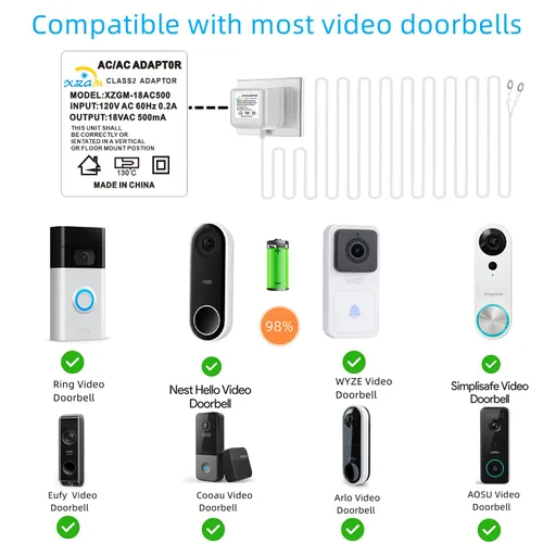 Vista 7 de Transformador de corriente especial para timbre de video, adaptador de corriente de 18V500MA para timbre Ring, compatible con Ring, Nest, Eufy