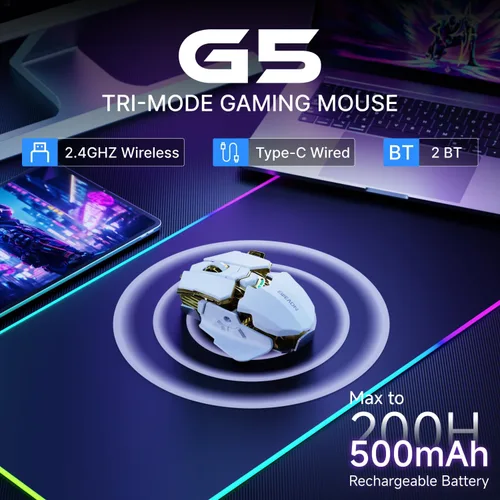 Vista 3 de EWEADN G5 - Mouse inalámbrico para juegos, 12800 DPI RGB ajustable con 6 modos retroiluminados, llave de fuego rápido, 9 botones macro programables