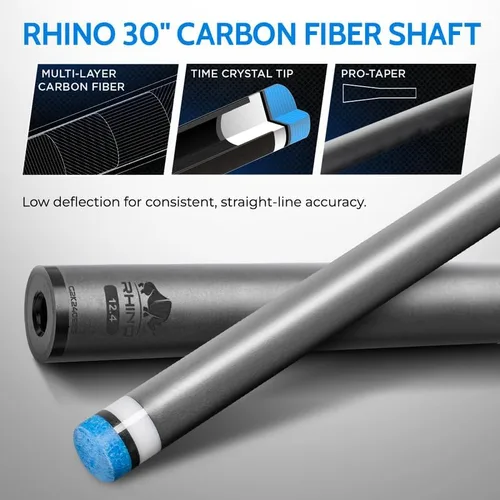 Vista 2 de RHINO Nebula 2 Pool Cue - Premium Carbon Fiber Shaft & Composite Butt. Time Crystal Tip, Pro Taper Design. 3/8-8 Joint, Wrapless. Low Deflection