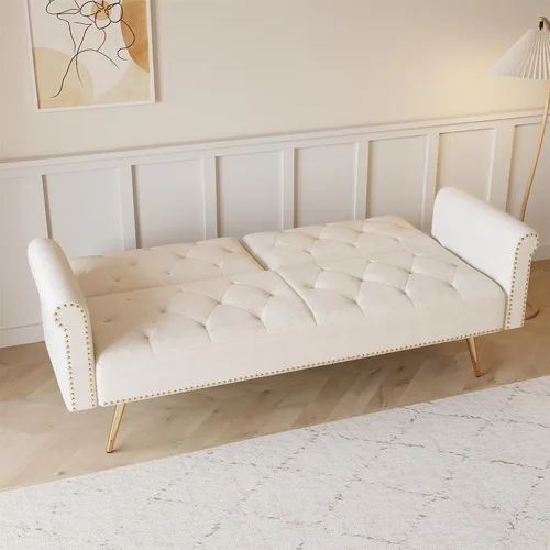 Vista 9 de Sofá cama tapizado de terciopelo, sofá cama convertible con dos almohadas para sala de estar, dormitorio, oficina en casa (beige)