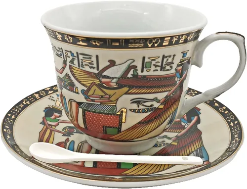 Vista 12 de Juego de tazas y platillos de café expreso de cerámica dorada egipcia, taza Demitasse de 3.4 oz/3.4 fl oz, regalo de porcelana para cumpleaños