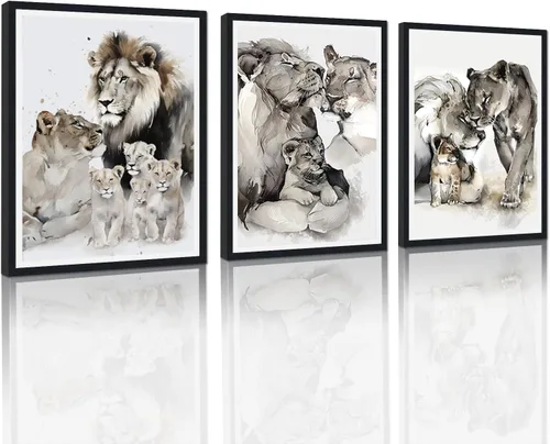 Vista 50 de 3 piezas modernas de lienzo de león de animales salvajes, pinturas de retratos de familia de leones, decoración de pared, obras de arte de sala