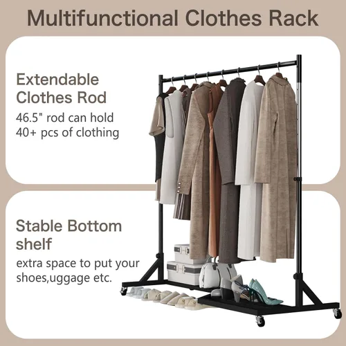 Vista 4 de Perchero con ruedas, perchero ajustable resistente con estante inferior, perchero de metal duradero, altura ajustable, con ruedas bloqueables