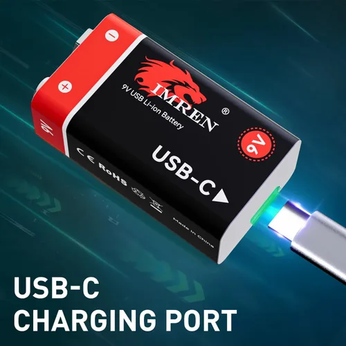 Vista 2 de Imren Batteires de litio recargables de 9 V, 3600 mWh USB de 9 voltios de iones de litio recargable de larga duración, con cable de carga USB-C 4