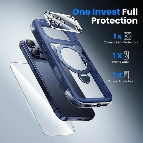 Vista 4 de Funda con anillo de 360° para iPhone 17 Pro, bolsa de aire a prueba de golpes, N52 fuerte magnético integrado, 1 protector de pantalla + 1 funda