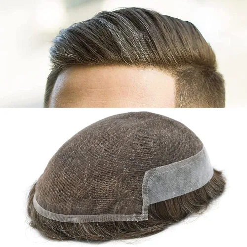 Vista 19 de Toupee para hombres sistemas de reemplazo de piel sintética con encaje suizo para hombre, nudos blanqueados, línea capilar natural para hombres