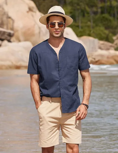 Vista 3 de COOFANDY Men's Cotton Linen Shirt V Neck Short Sleeve Button Down Beach Summer Shirts