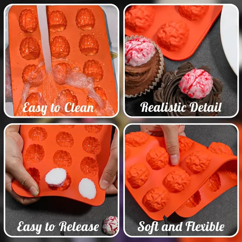 Vista 4 de Webake Brain - Molde de chocolate para Halloween, tamaño bocado, 15 cavidades para Halloween, chocolate, dulces, gelatina, cupcake, golosinas