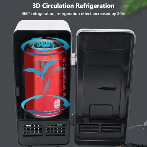 Vista 3 de Riloer Mini refrigerador portátil para automóvil, 5 V 10 W, enfriador y calentador de ahorro de energía, mini refrigerador USB LED con luz LED